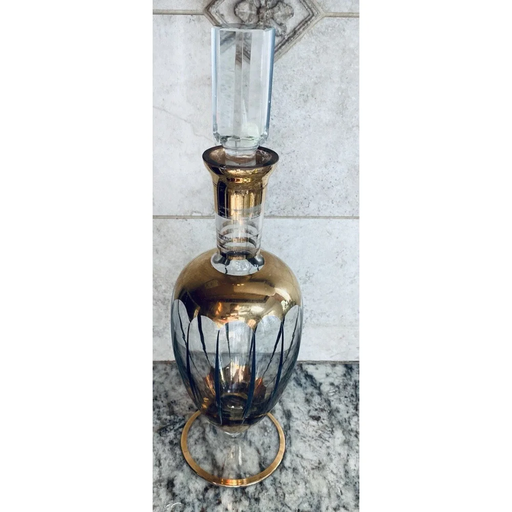 Vintage MCM Bohemia Crystal Glass Decanter Gold Black Gorgeous Antique Beautiful